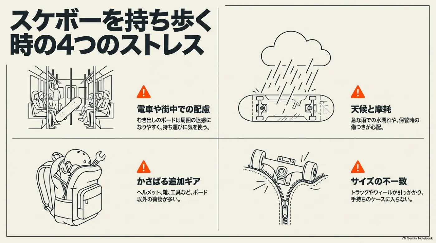 持ち運びで気になる周囲への配慮、雨、荷物、サイズの4点