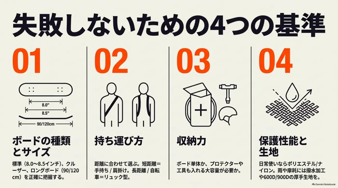 ボードのサイズ、持ち方、収納力、生地の4つの選択基準