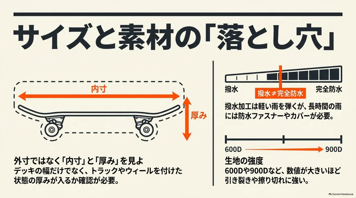 ケースの内寸と厚み、撥水と防水の違い
