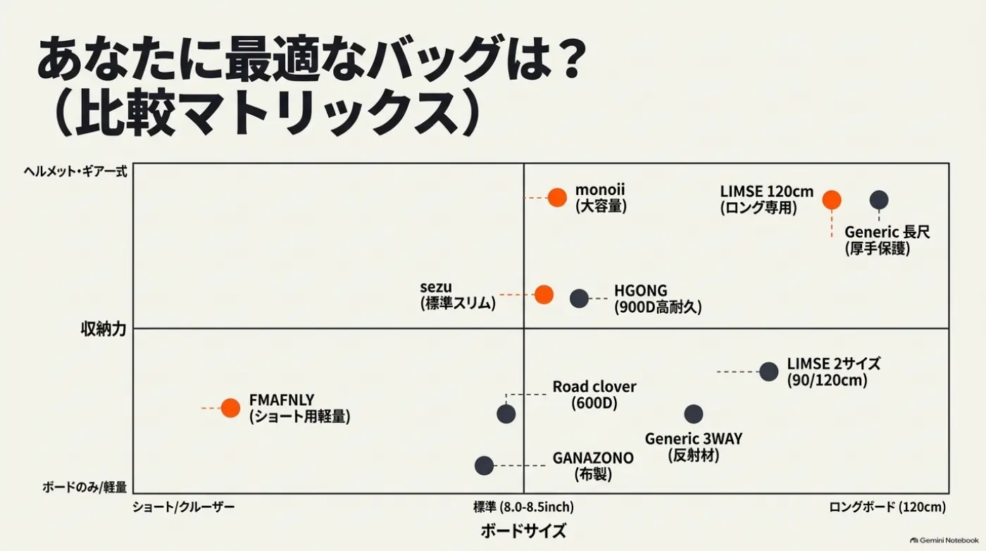 バッグの収納力とボードサイズを比較する参考図