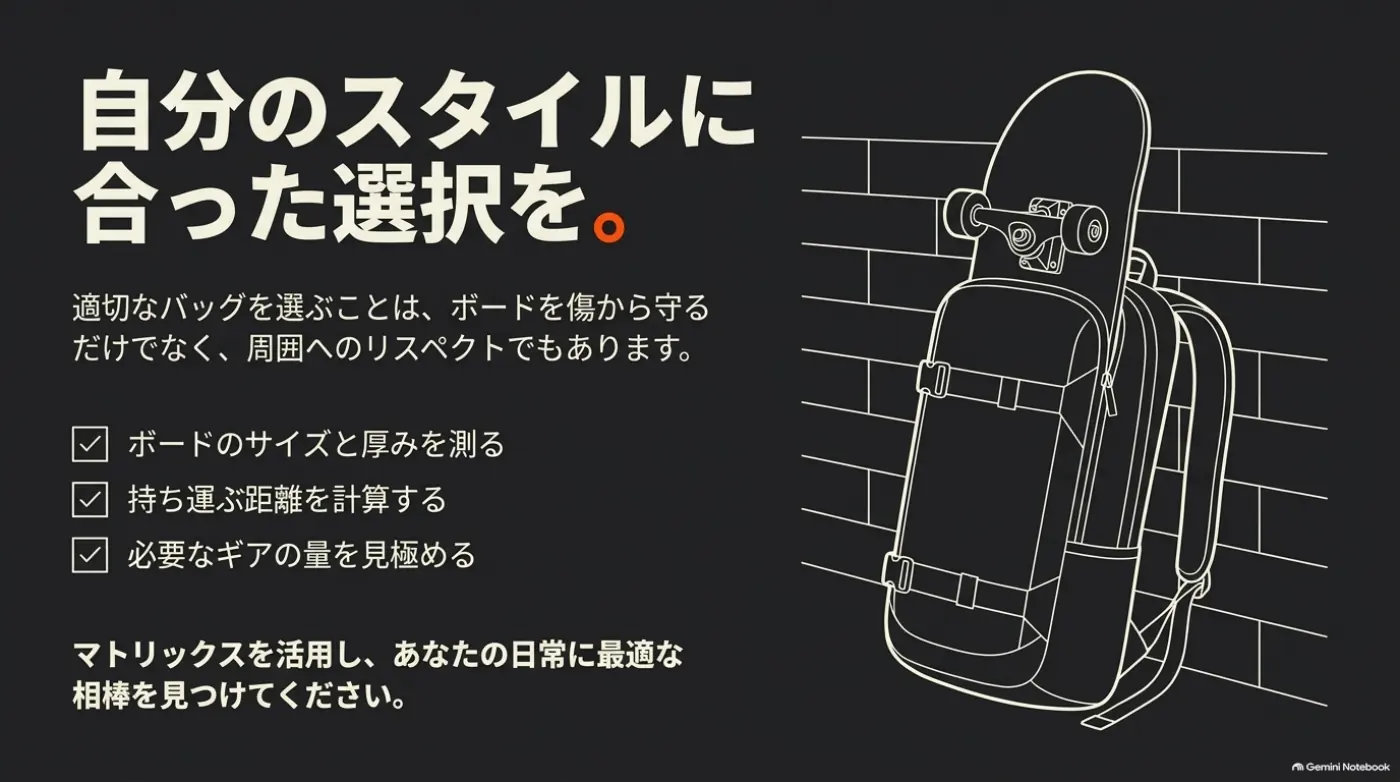 ボードのサイズ、移動距離、荷物量を確認してケースを選ぶ